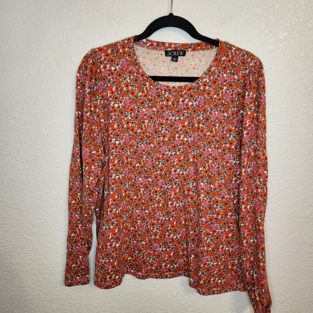 Crew Top Womens 2x Red Floral Reimagined Green Cotton Peasant Cottagecore